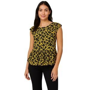 Ann Taylor Factory Floral Black & Yellow Peplum/BabyDoll Loose fit Top XS